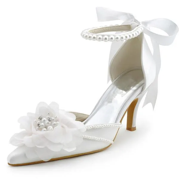 Pearls Women Wedding Shoes With Ribbons Lace Up Party Shoes Pointed Toes, S030