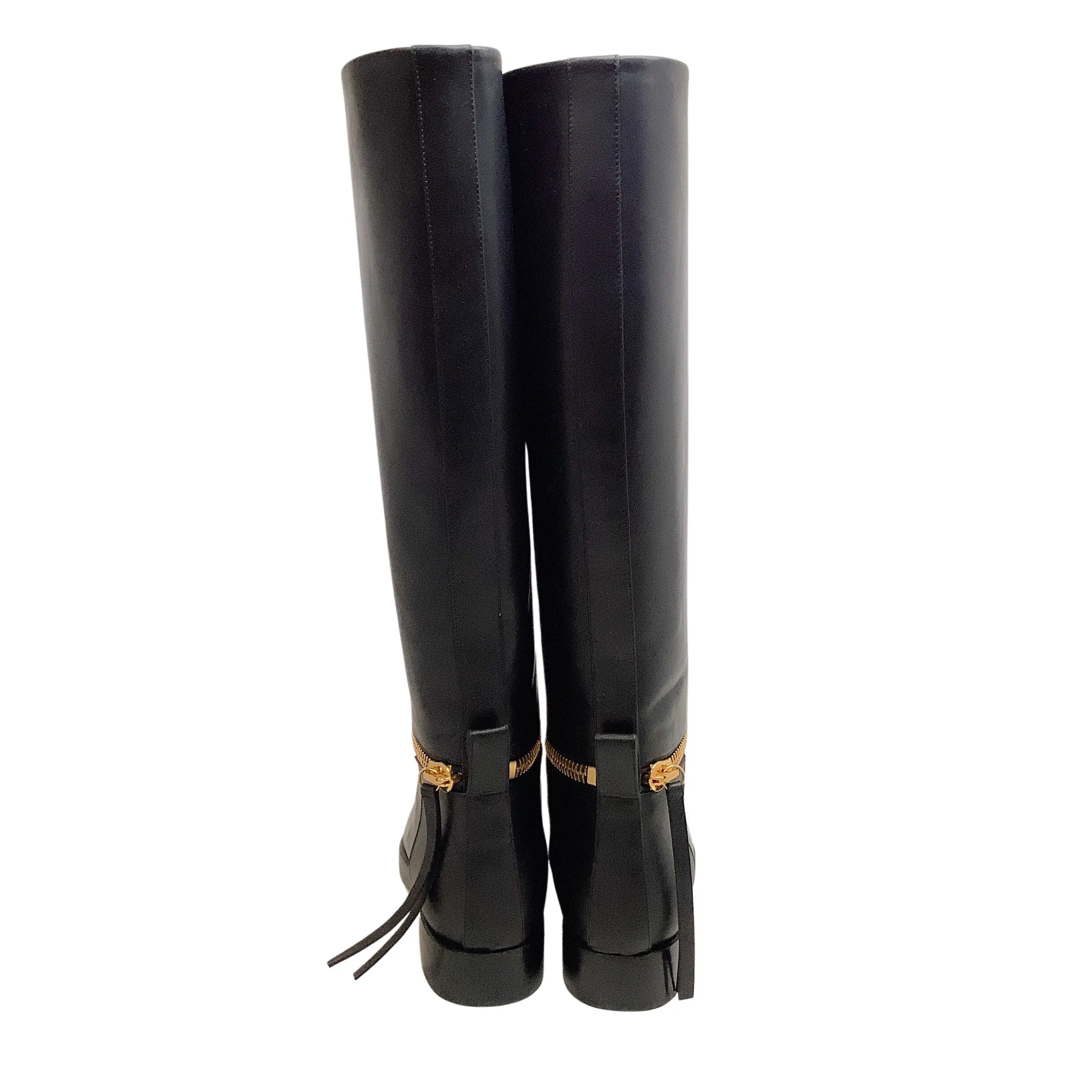 Pierre Hardy Black Leather Tall Pull On Boots With Gold Zipper Detail