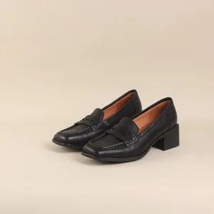 Retro Square Toe Block Heel Leather Penny Loafers for Women in Brown/Black