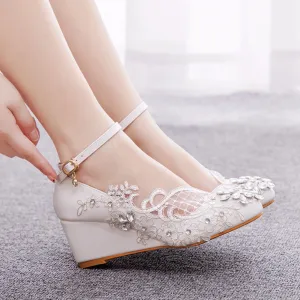 Rhinestone White Lace Wedding Shoes Wedges  Ankle Strap Party Dance Pumps