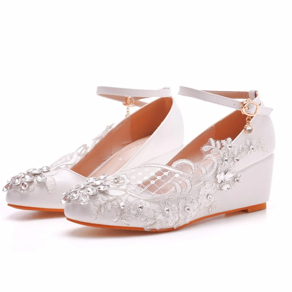 Rhinestone White Lace Wedding Shoes Wedges  Ankle Strap Party Dance Pumps