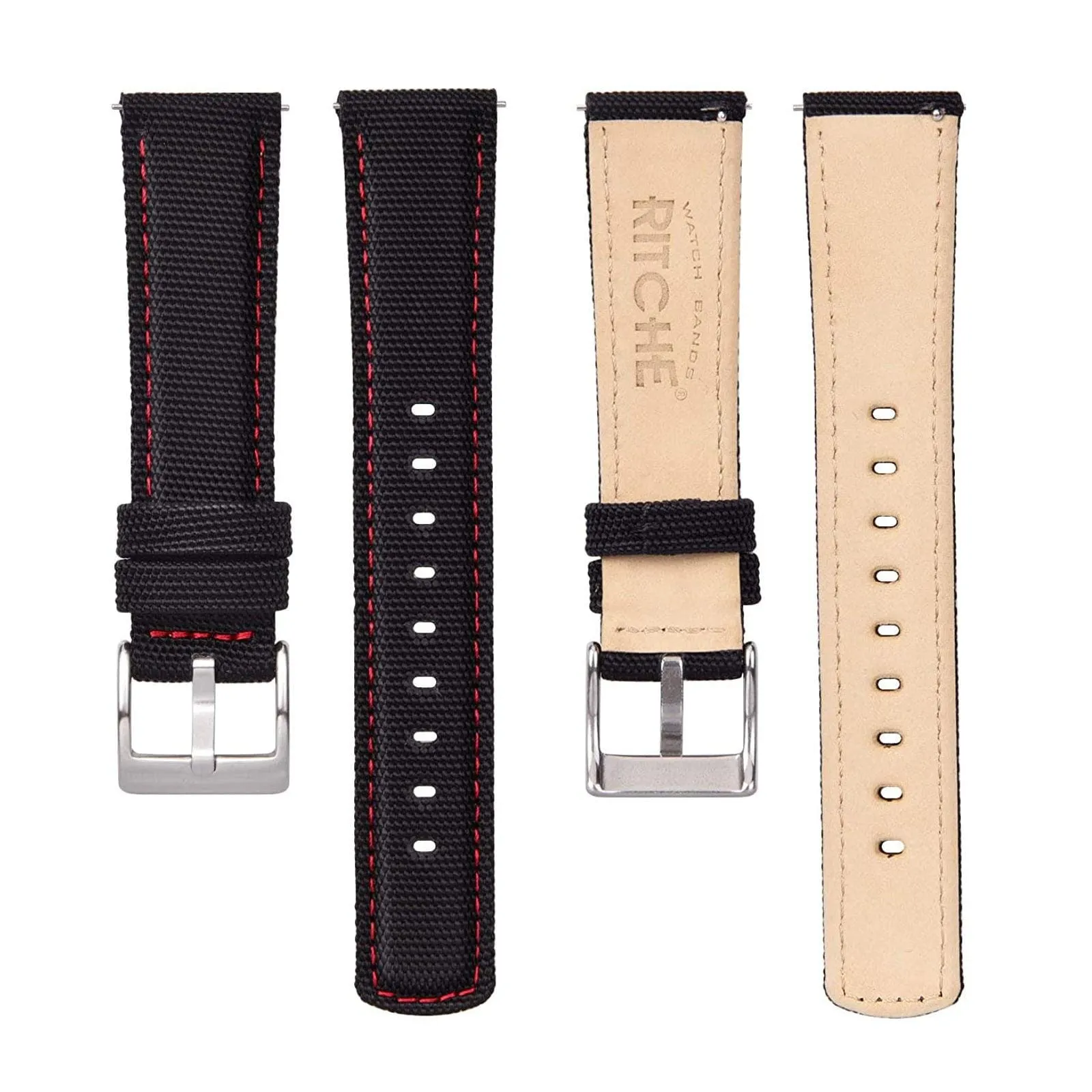 Ritche Black Sailcloth Quick Release Watch Band Red stitching