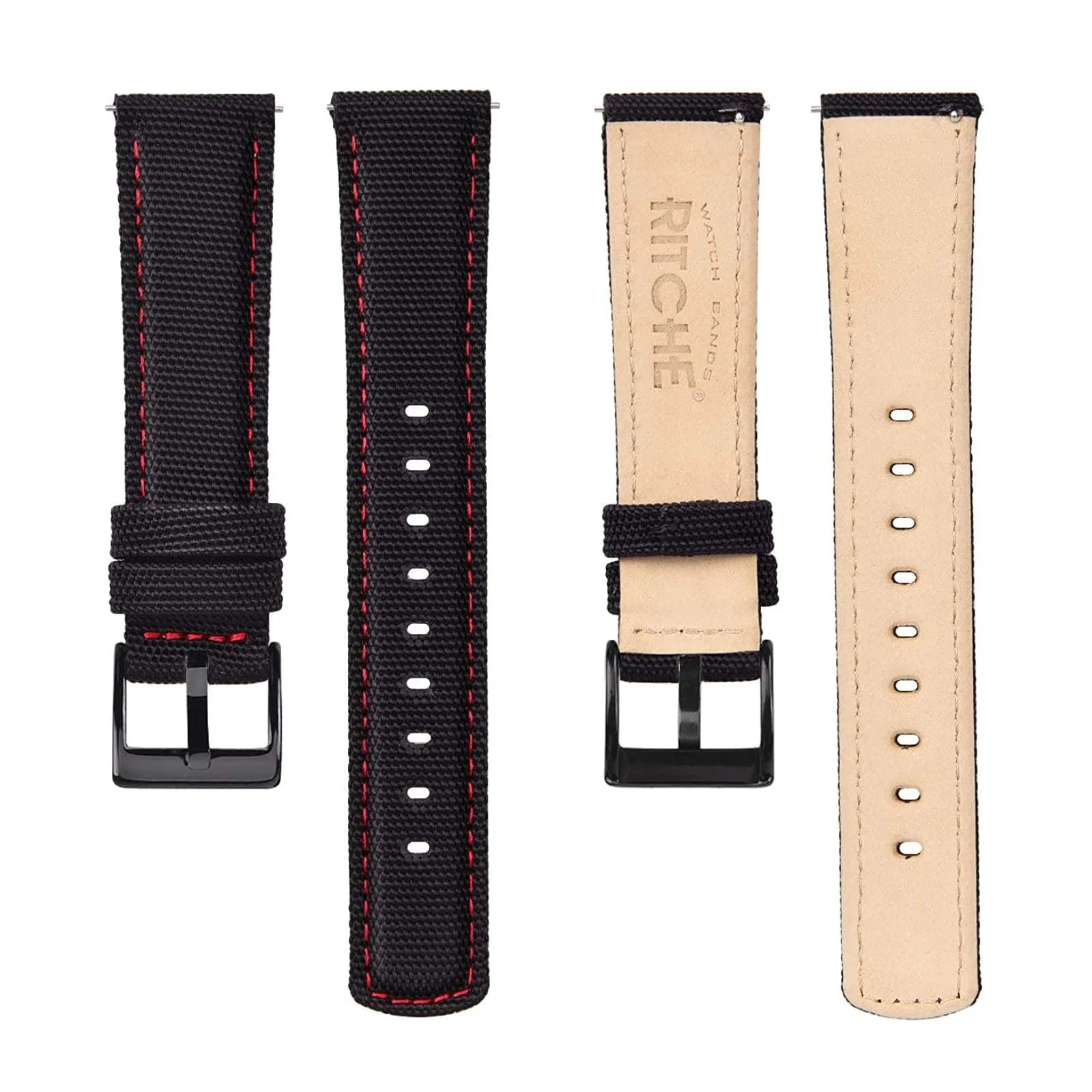 Ritche Black Sailcloth Quick Release Watch Band Red stitching