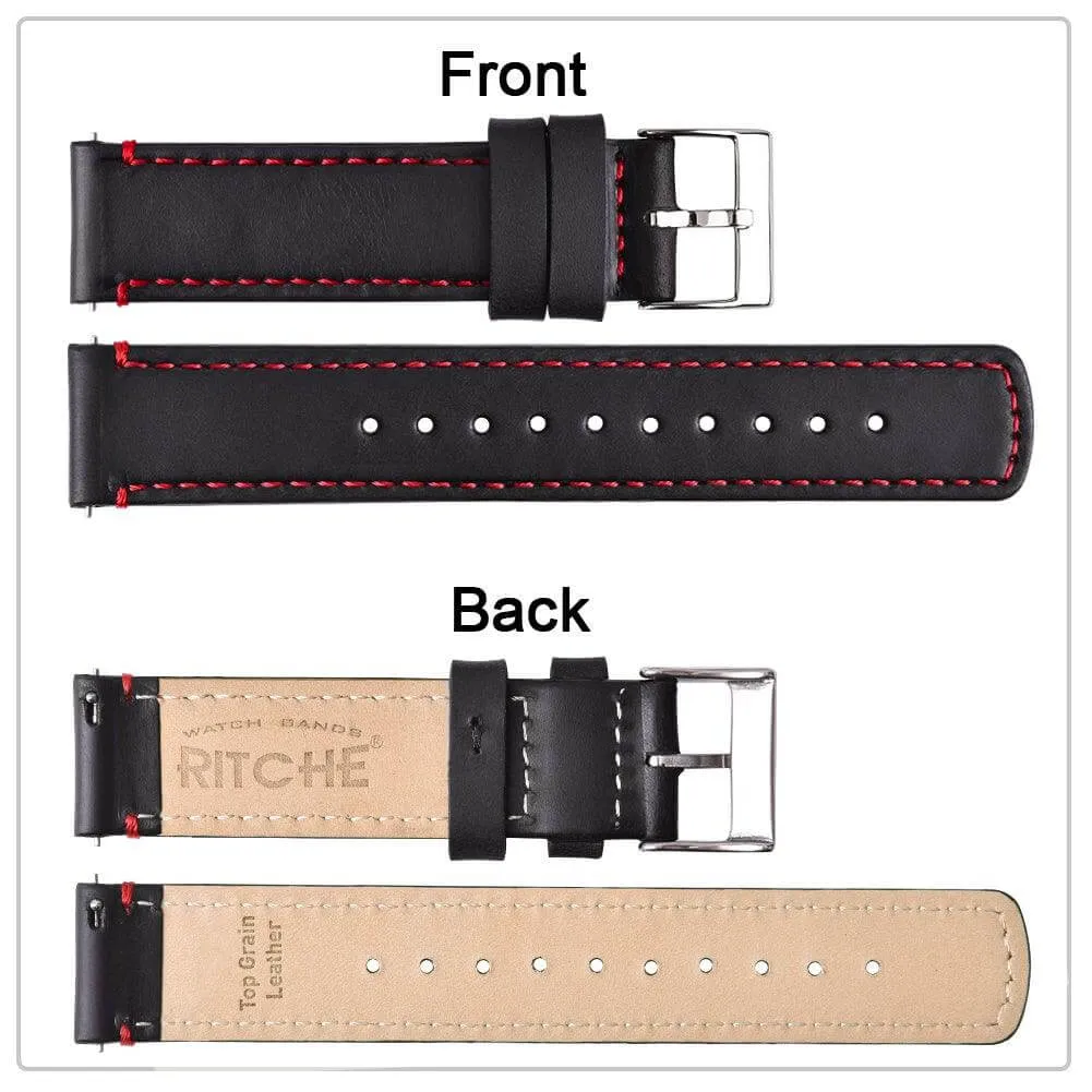 Ritche Black/Red Stitching Top Grain Leather Watch Band