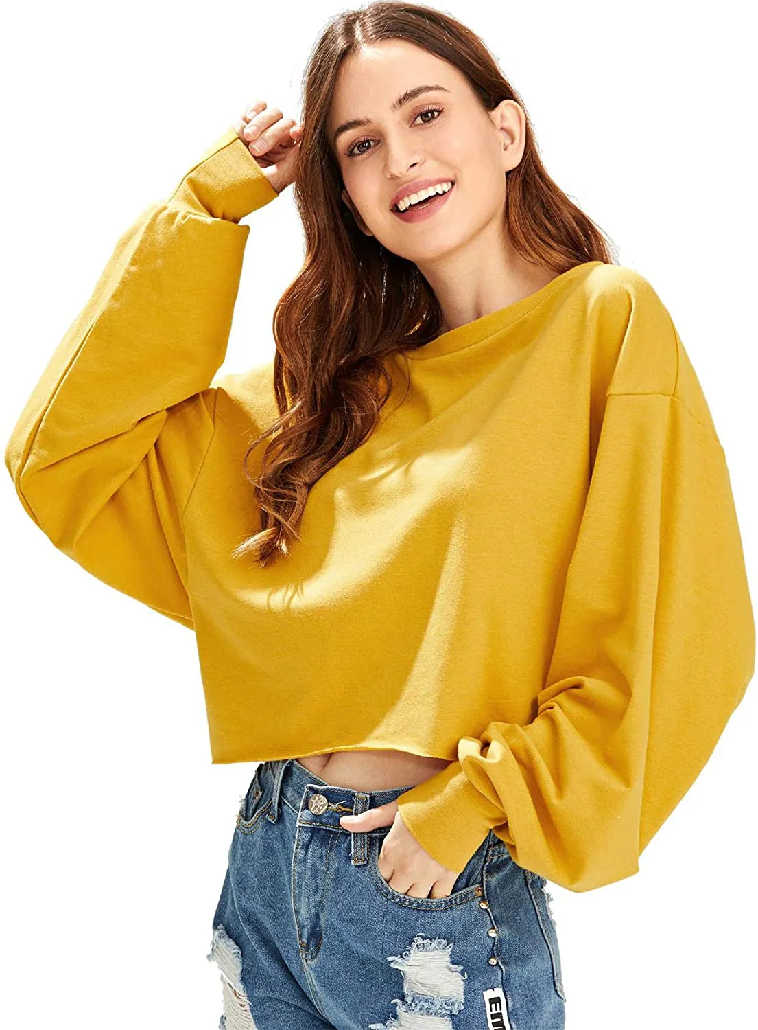 Romwe Women's Drop Shoulder Lantern Sleeve Raw Hem Aesthetic Sweatshirt Pullover Crop Top