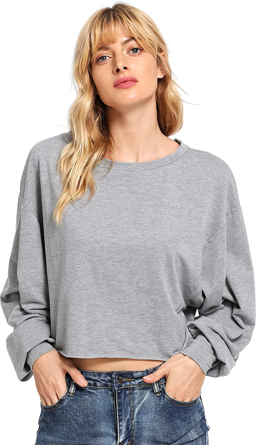 Romwe Women's Drop Shoulder Lantern Sleeve Raw Hem Aesthetic Sweatshirt Pullover Crop Top