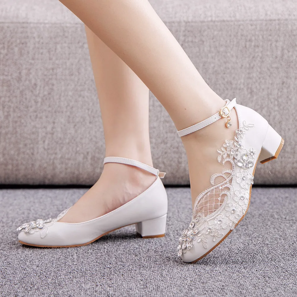 Round Toe Lace Rhinestones Ankle Strap Chunky Heel Wedding Shoes