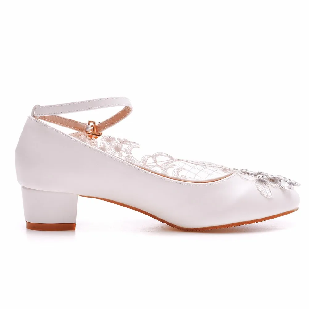 Round Toe Lace Rhinestones Ankle Strap Chunky Heel Wedding Shoes