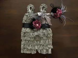 Smoky Gray Baby Lace Romper with Headband & Sash, Black Baby Lace Romper