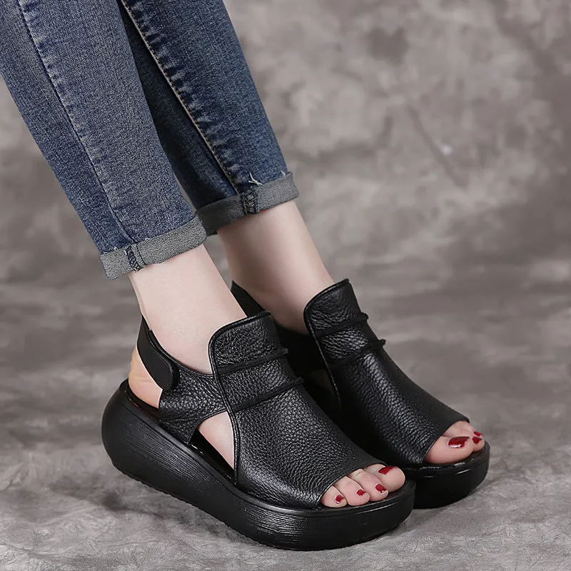 Thick Bottom Flat Platform Genuine Leather Women Sandals