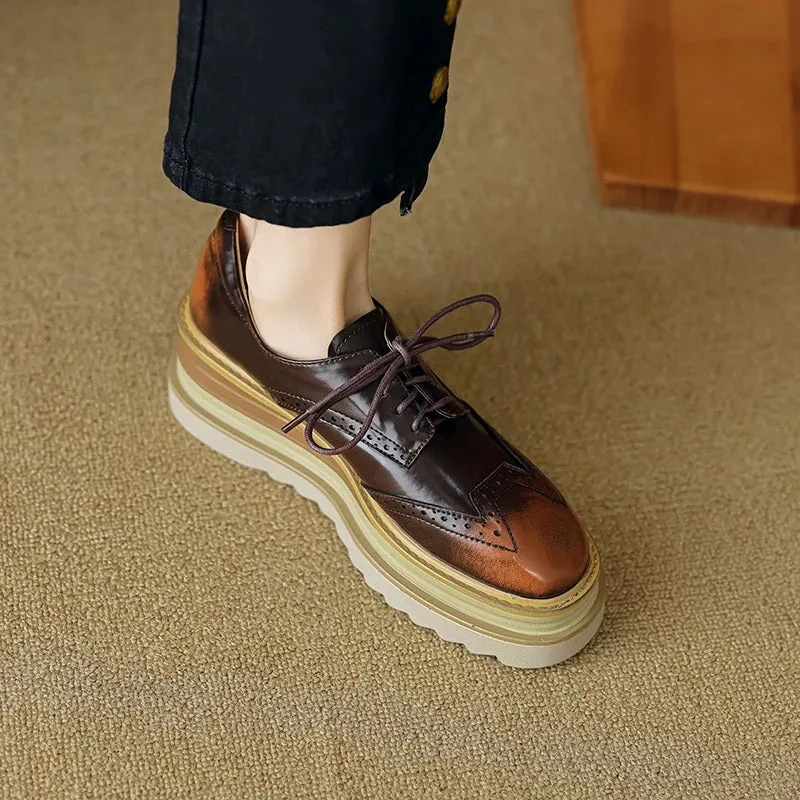 Thick Sole Genuine Leather Lace-up Platform Oxford Shoes