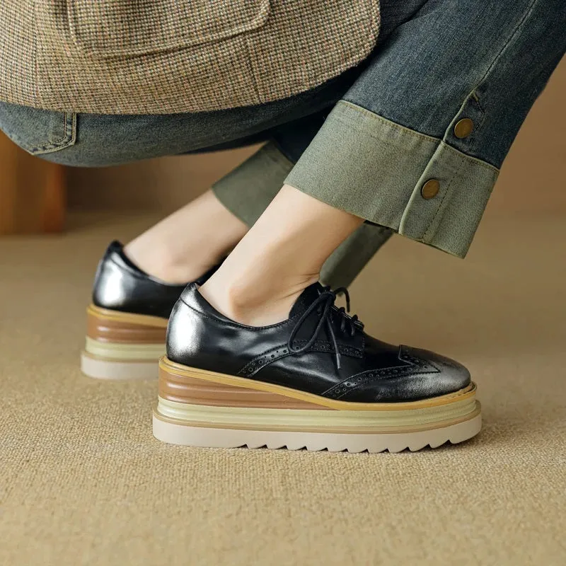 Thick Sole Genuine Leather Lace-up Platform Oxford Shoes