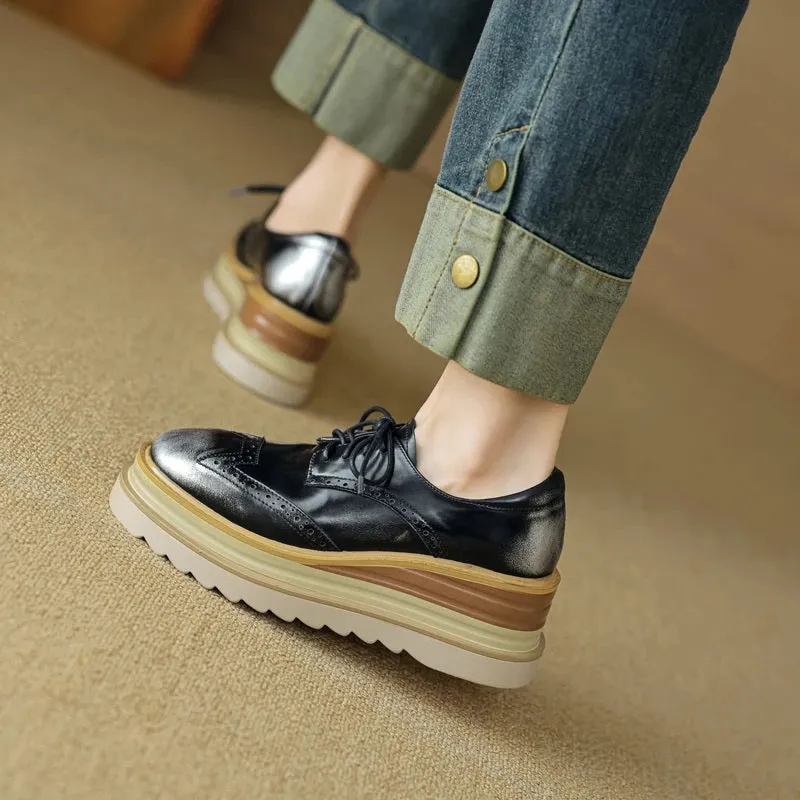 Thick Sole Genuine Leather Lace-up Platform Oxford Shoes