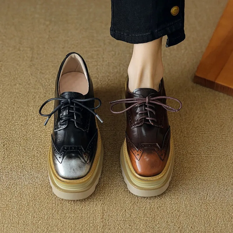 Thick Sole Genuine Leather Lace-up Platform Oxford Shoes