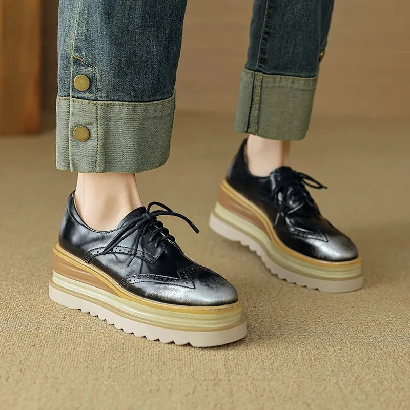 Thick Sole Genuine Leather Lace-up Platform Oxford Shoes