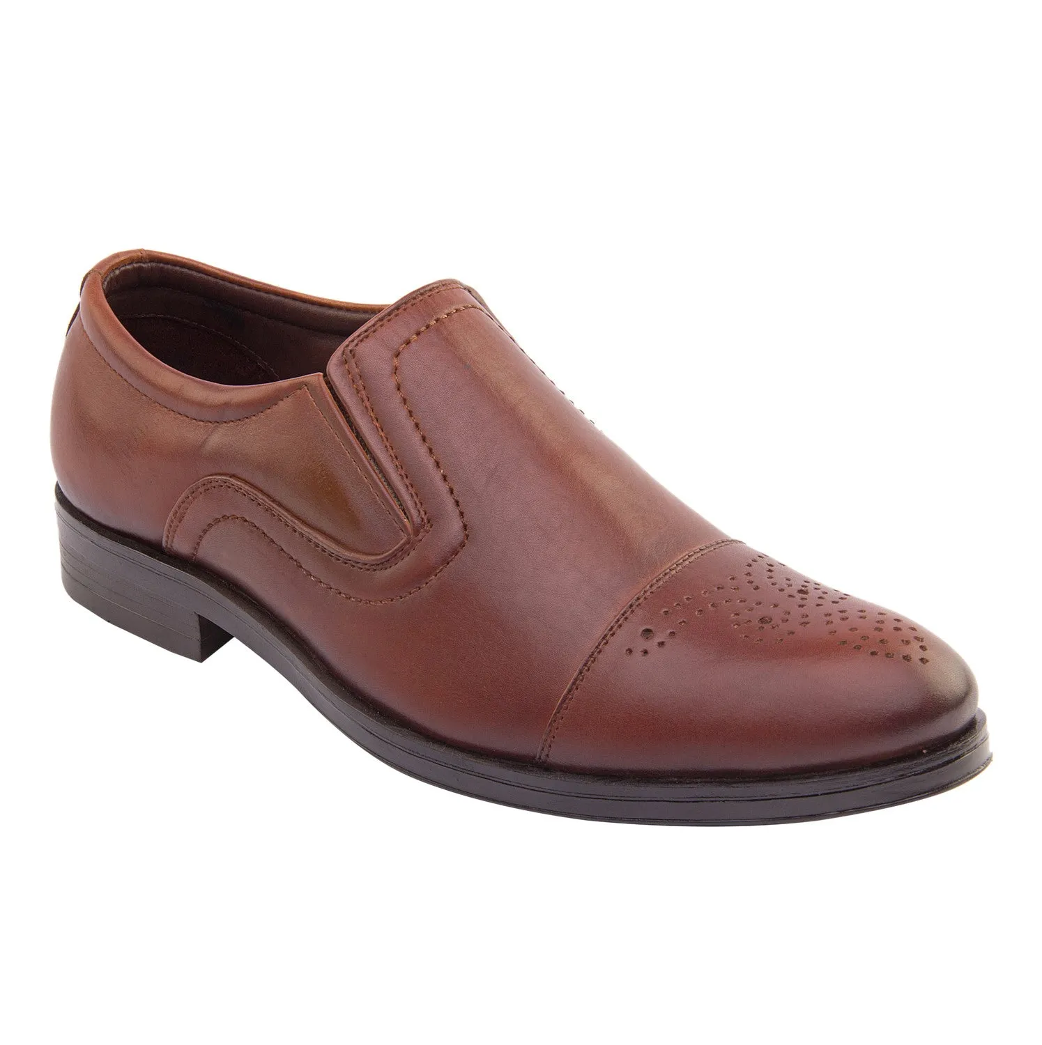 Vardhra Men 100% Genuine Leather - Formal Brogue Slip-on Dress Shoes - Tan