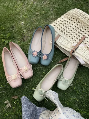 Women Retro Mary Jane Shoes, Vintage Flats Flower Bow Decor Shoes, Women Plain Toe Flats, Square Toe Green Pink Blue Heels