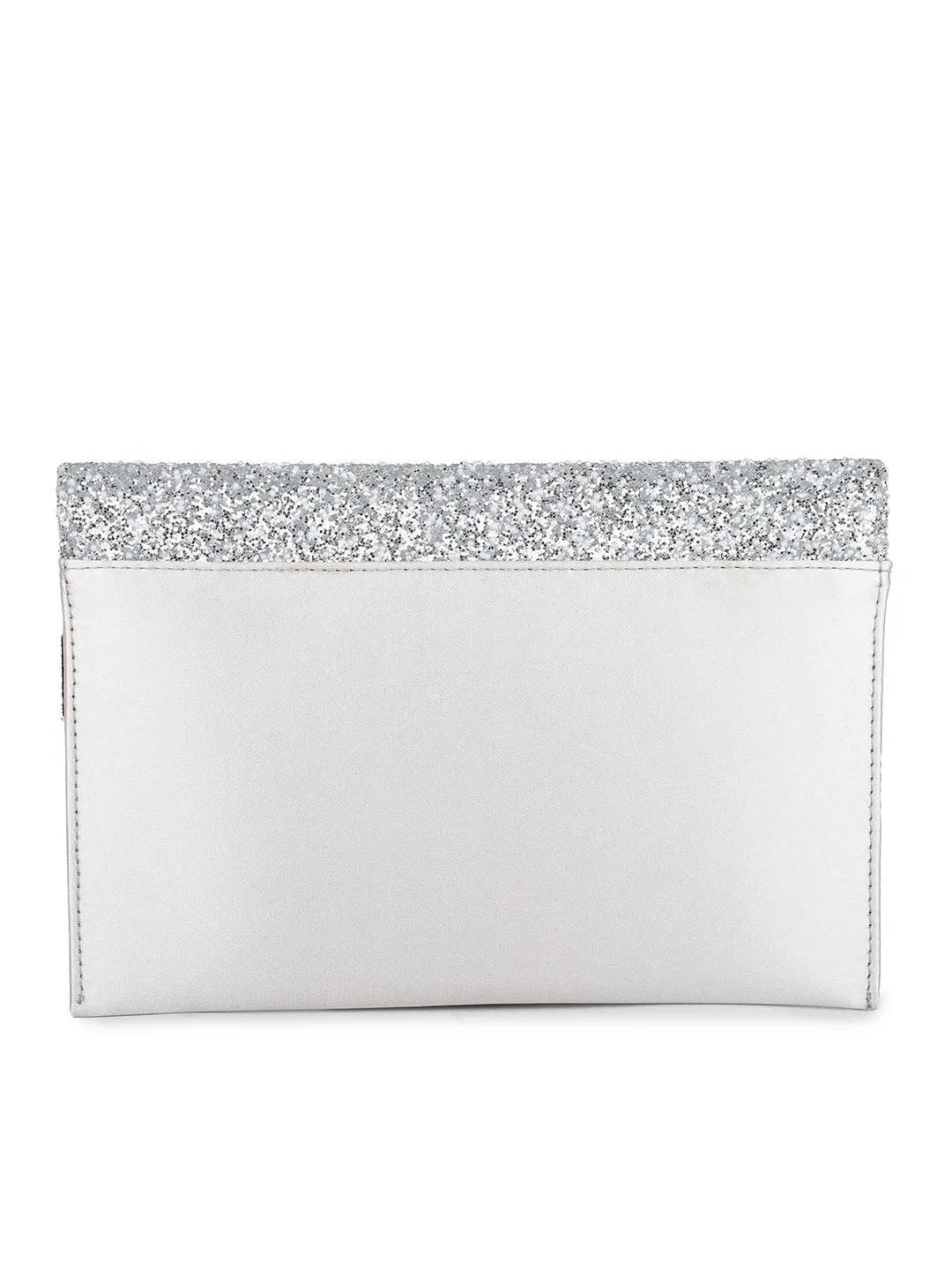 Women Silver Toned Embellished Envelope Clutch