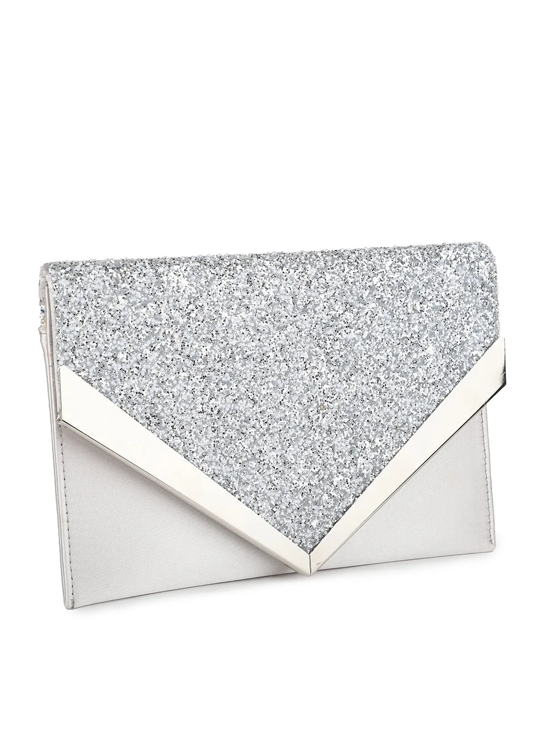 Women Silver Toned Embellished Envelope Clutch