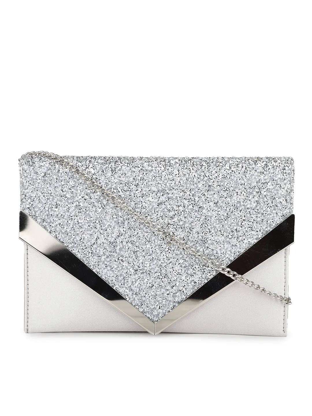 Women Silver Toned Embellished Envelope Clutch