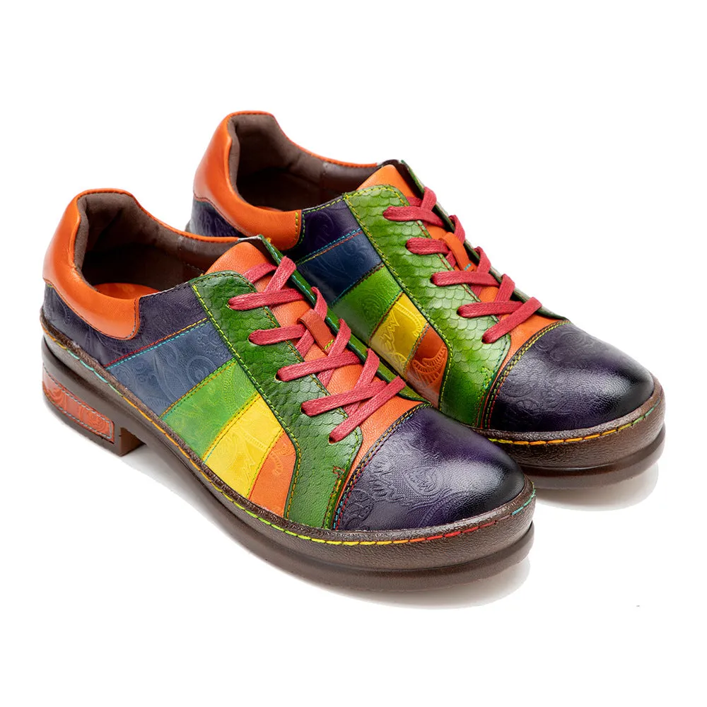 Womens Rainbow Leather Lace-up Platform Brogues Oxford Shoes