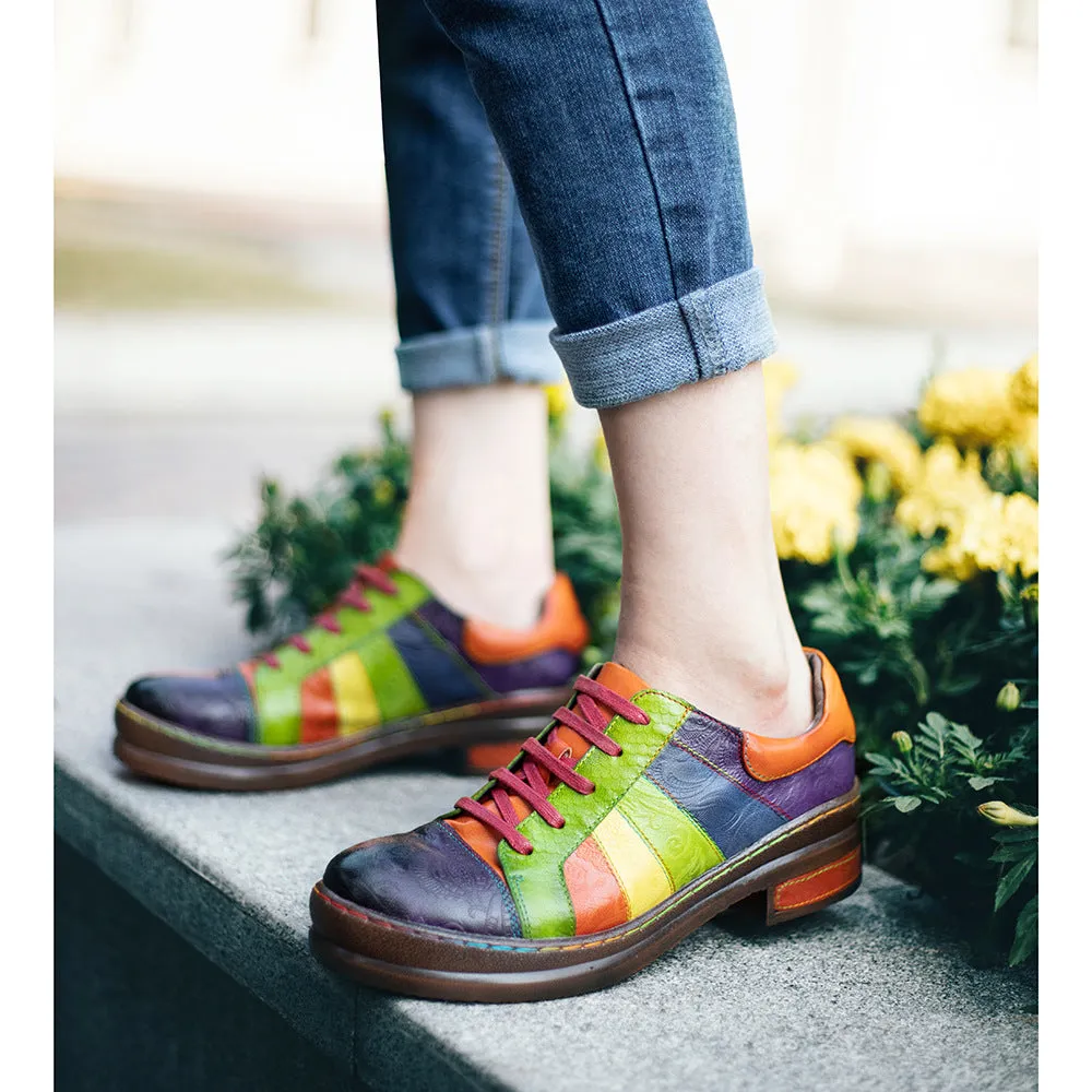 Womens Rainbow Leather Lace-up Platform Brogues Oxford Shoes