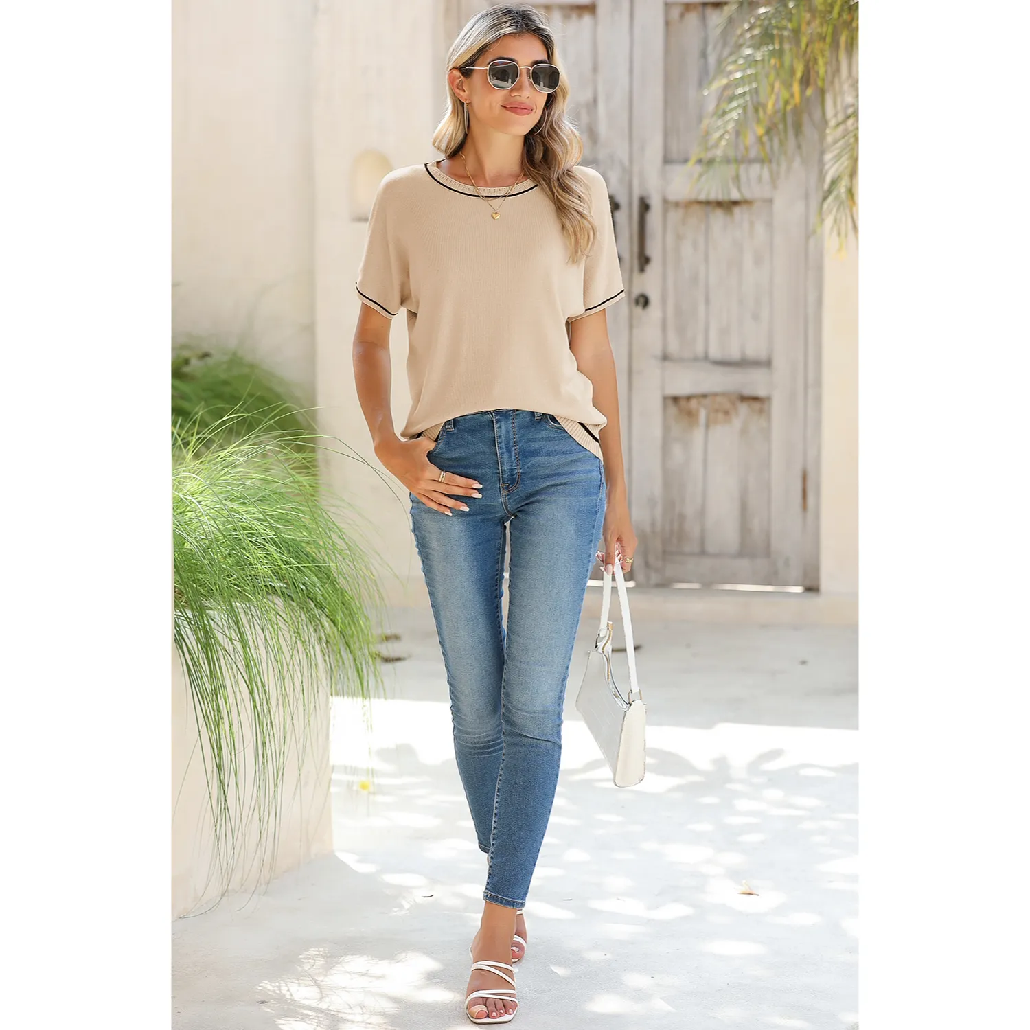 Women's Soft Knit Summer Tops - Crewneck Lightweight Short Sleeve Shirts-Apricot