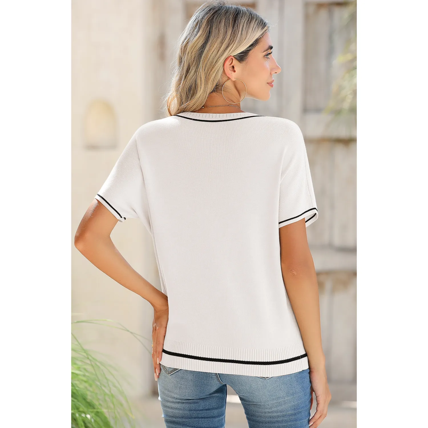 Women's Soft Knit Summer Tops - Crewneck Lightweight Short Sleeve Shirts-White