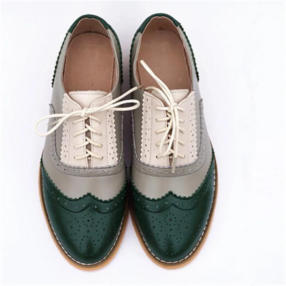 Women's Vintage Genuine Leather Lace-Up Flat Oxford Shoes