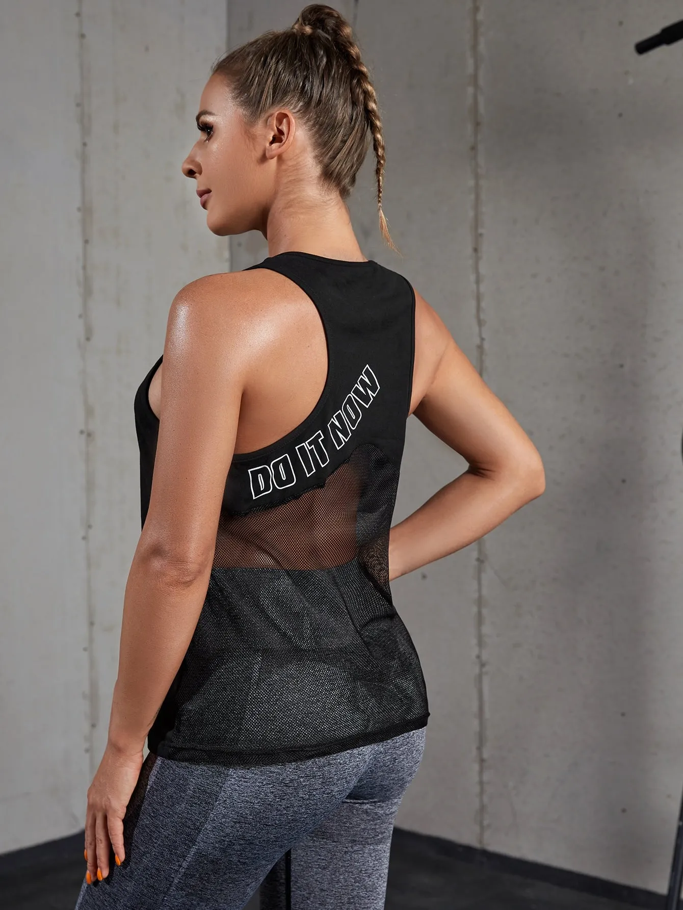 Yoga High Street Breathable Softness Letter Graphic Contrast Mesh Sports Tank